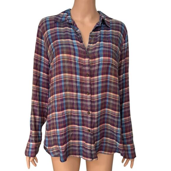 Lucky Brand Blouse Women’s Purple Plaid Button Front Boho Long Sleeve Top size S - Picture 1 of 8